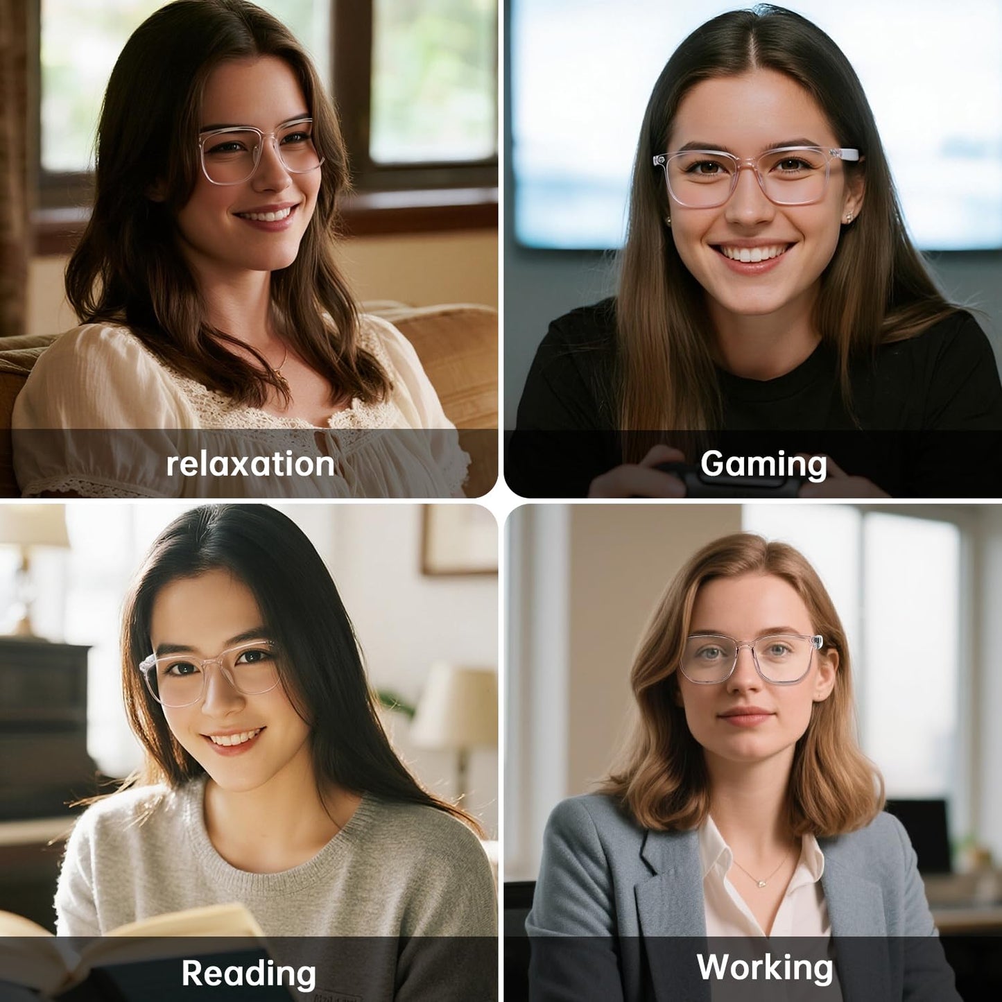 GenXenon Smart Glasses for Women, Clear Frame Blue Light Glasses, Magnetic Charging, Open-Ear Design, Voice Assistant, Bluetooth Glasses with Speakers, Audio Eyeglasses for Working Gaming (GS03-C)