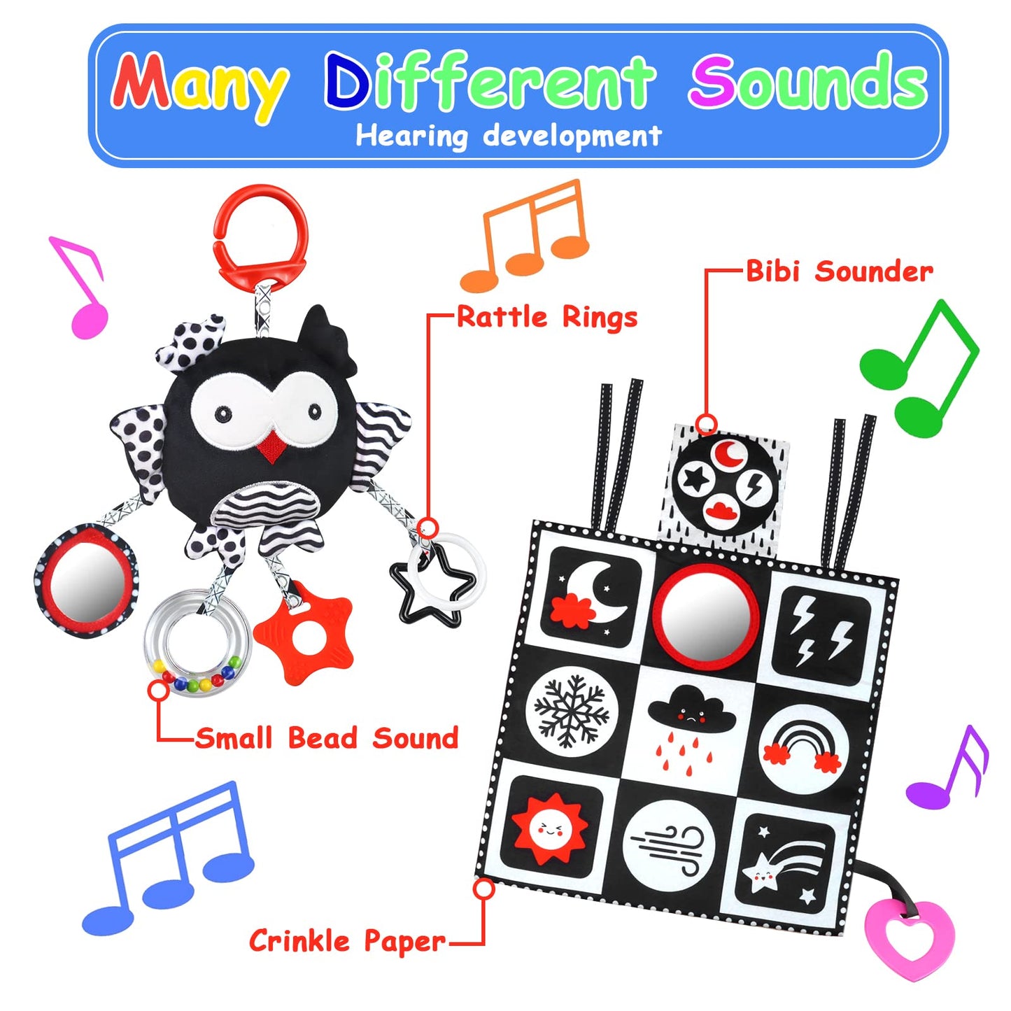 KUANGO Black and White High Contrast Baby Toys 0-6 Months with Mirror, Crinkle and Rattles, Soft Baby Toys for Brain Development Montessori Sensory Tummy Time Newborn Infant for 0 3 6 9 Months Old