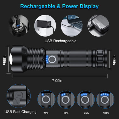 MILAOSHU Rechargeable Flashlights 90000 High Lumens - 2 Pack, Super Bright 12 Hours Long Life LED Flashlight with 5 Modes, High Powered Flash Light for Home, Outdoor (Black)