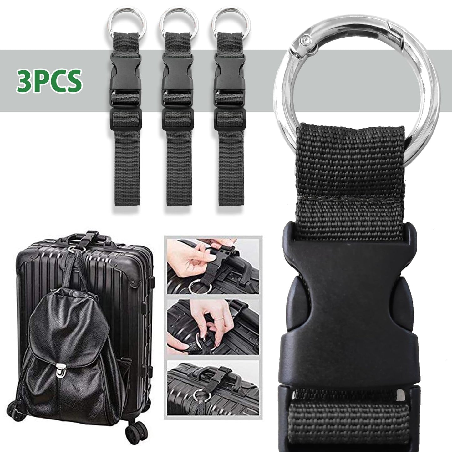Haojiaho 3 Pcs Add a Bag Luggage Straps, Jacket Holder, Make Your Hands Free, Adjustable Suitcase Belt Straps, Travel Accessories for Connecting Luggage or Backpack, Black