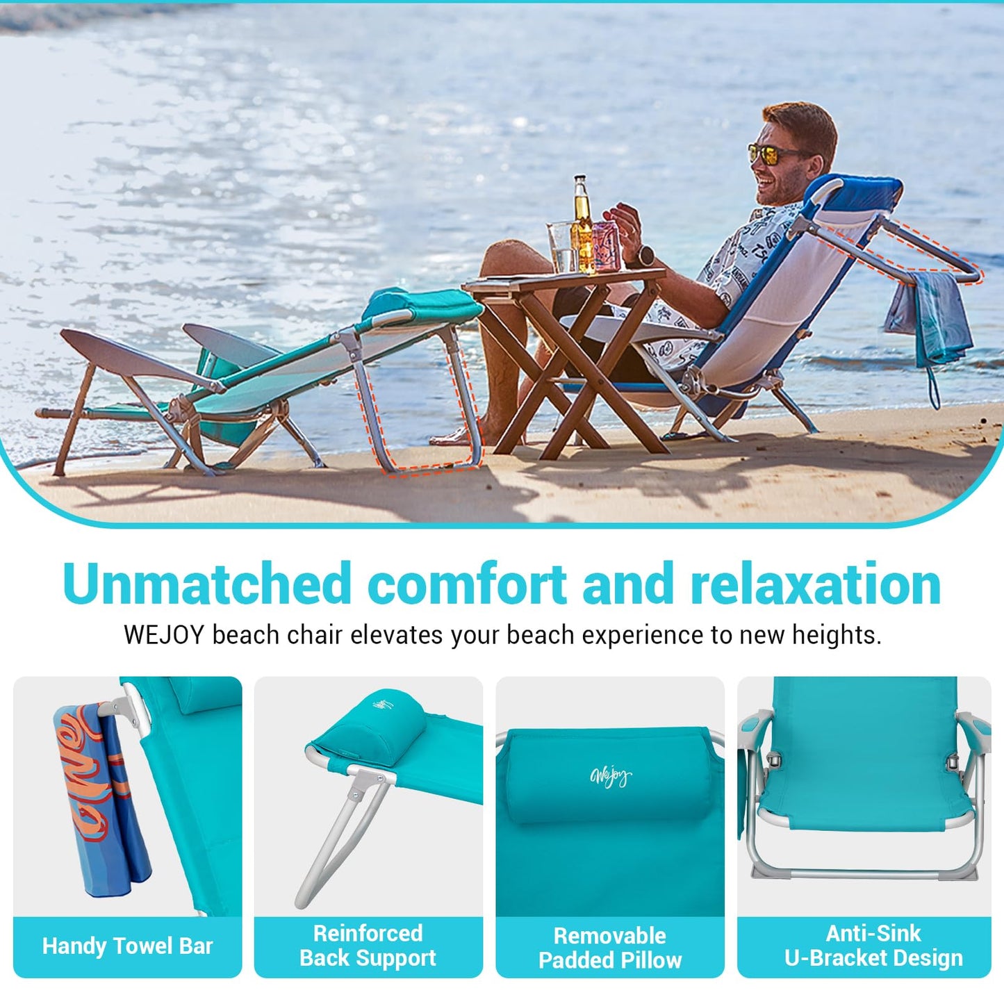 #WEJOY Lightweight Low 2 Pack Beach Chair for Adults, 4-Position Aluminum Folding Camping Chairs with Backpack Strap, Cup Holder and Padded Headrest, Supports 265lbs for Lawn Outdoor Cyan