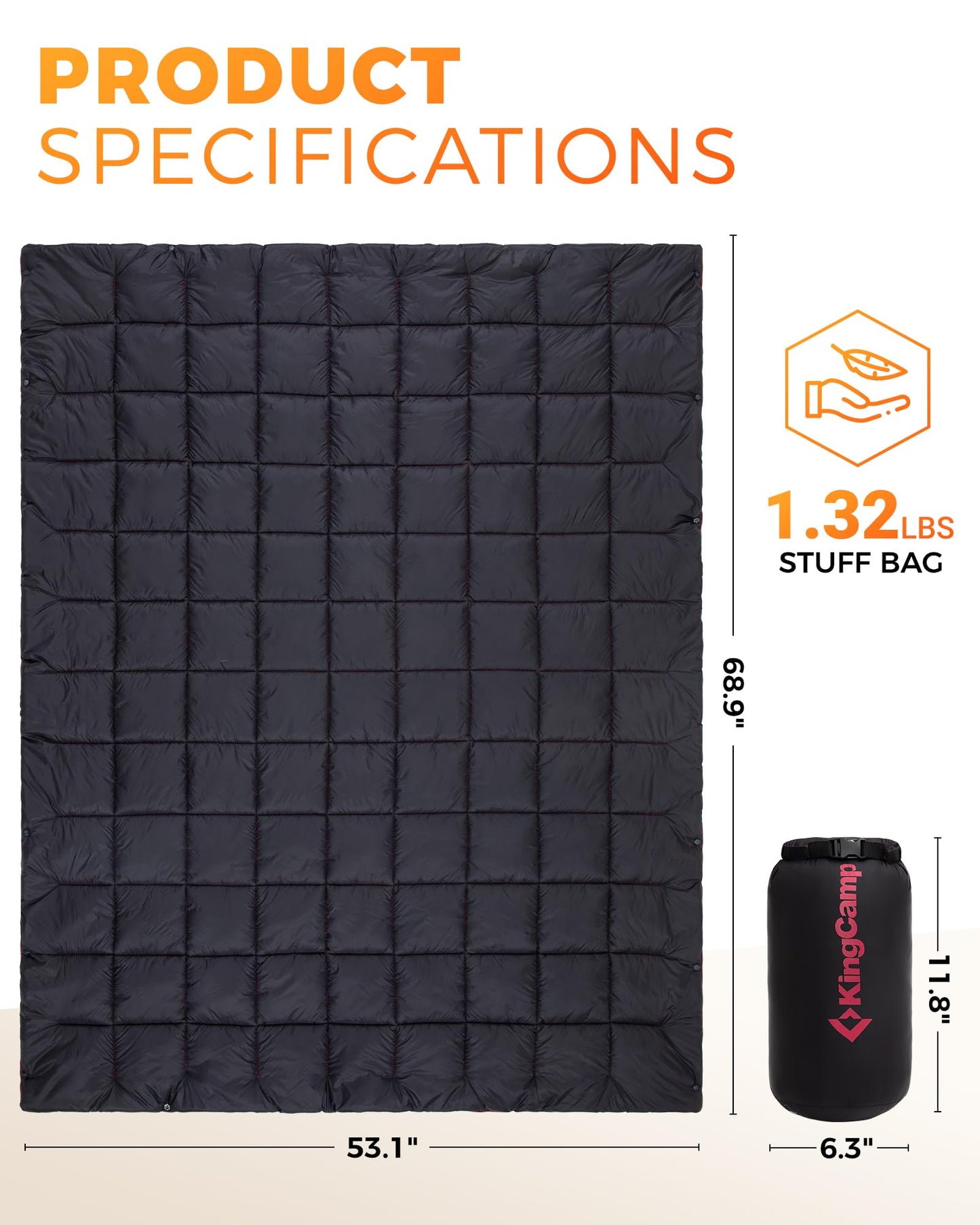 KingCamp Ultralight Camping Blanket, Packable Down Alternative Puffy Wearable Blankets Weatherproof Warm Package Quilt with Snap Buttons for Outdoor Hiking Travel Picnic Stadium (69"L x 53"W, Black)