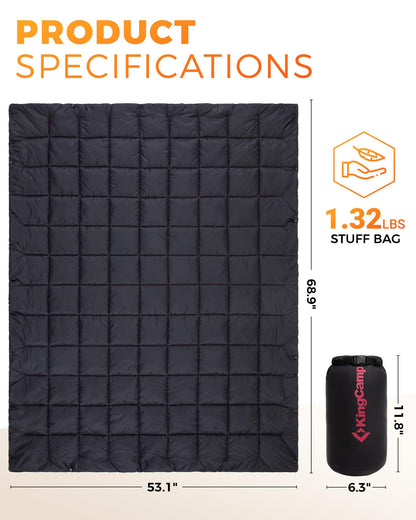 KingCamp Ultralight Camping Blanket, Packable Down Alternative Puffy Wearable Blankets Weatherproof Warm Package Quilt with Snap Buttons for Outdoor Hiking Travel Picnic Stadium (69"L x 53"W, Black)