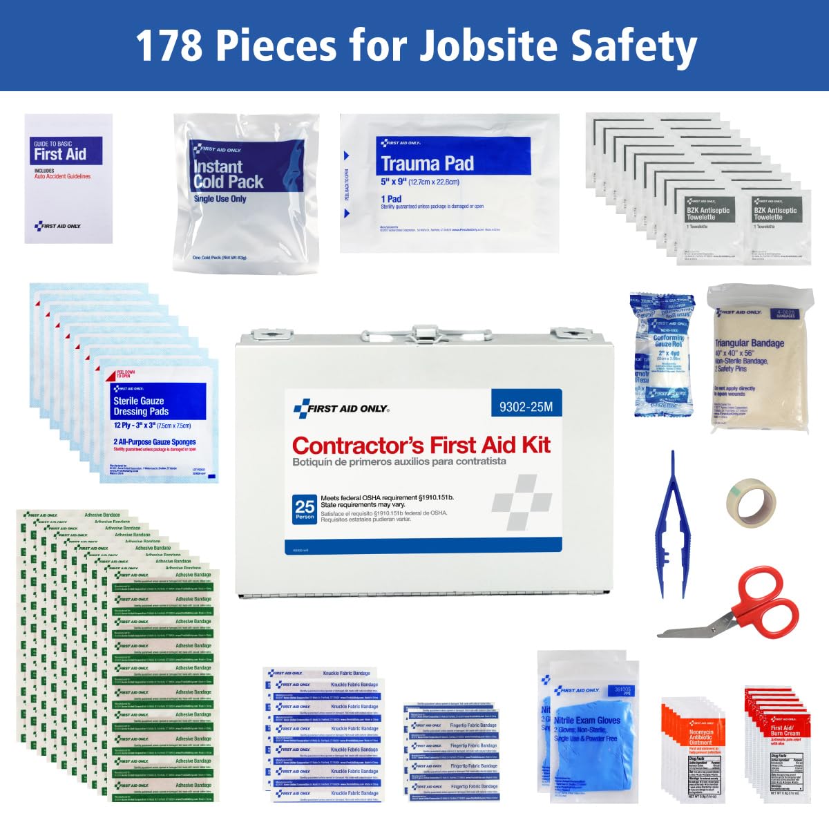 First Aid Only 9302-25M 25-Person Contractor's First Aid Kit for Home Renovation, Job Sites, and Construction Vehicles, 178 Pieces