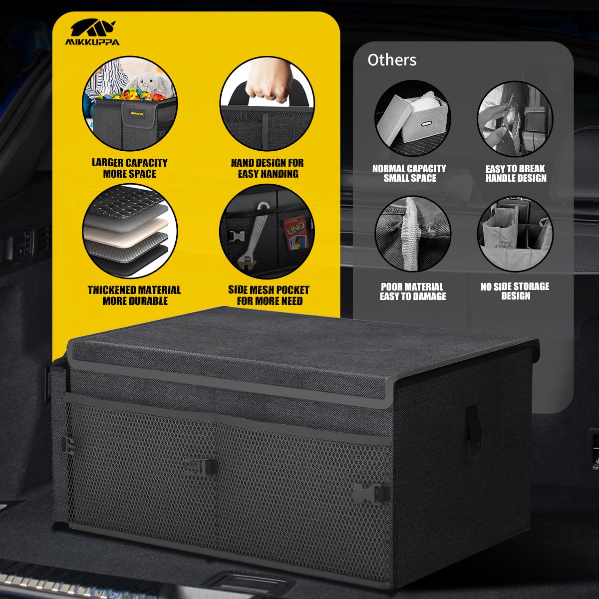 MIKKUPPA Car Trunk Organizer - 65L Collapsible Trunk Organizer with Lid, Sturdy Car Storage for SUV Auto Truck Van with Adjustable Straps and Non Slip Bottom (Black)