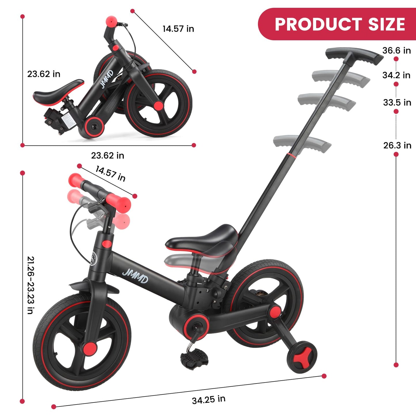 JMMD Toddler Bike with Push Handle for Kids 18-60 Months, 6 in 1 Foldable Push Bike with Training Wheels, Pedals, Brakes, Kickstand, Kid Balance Bike Gift & Toys for Boy & Girl, Black