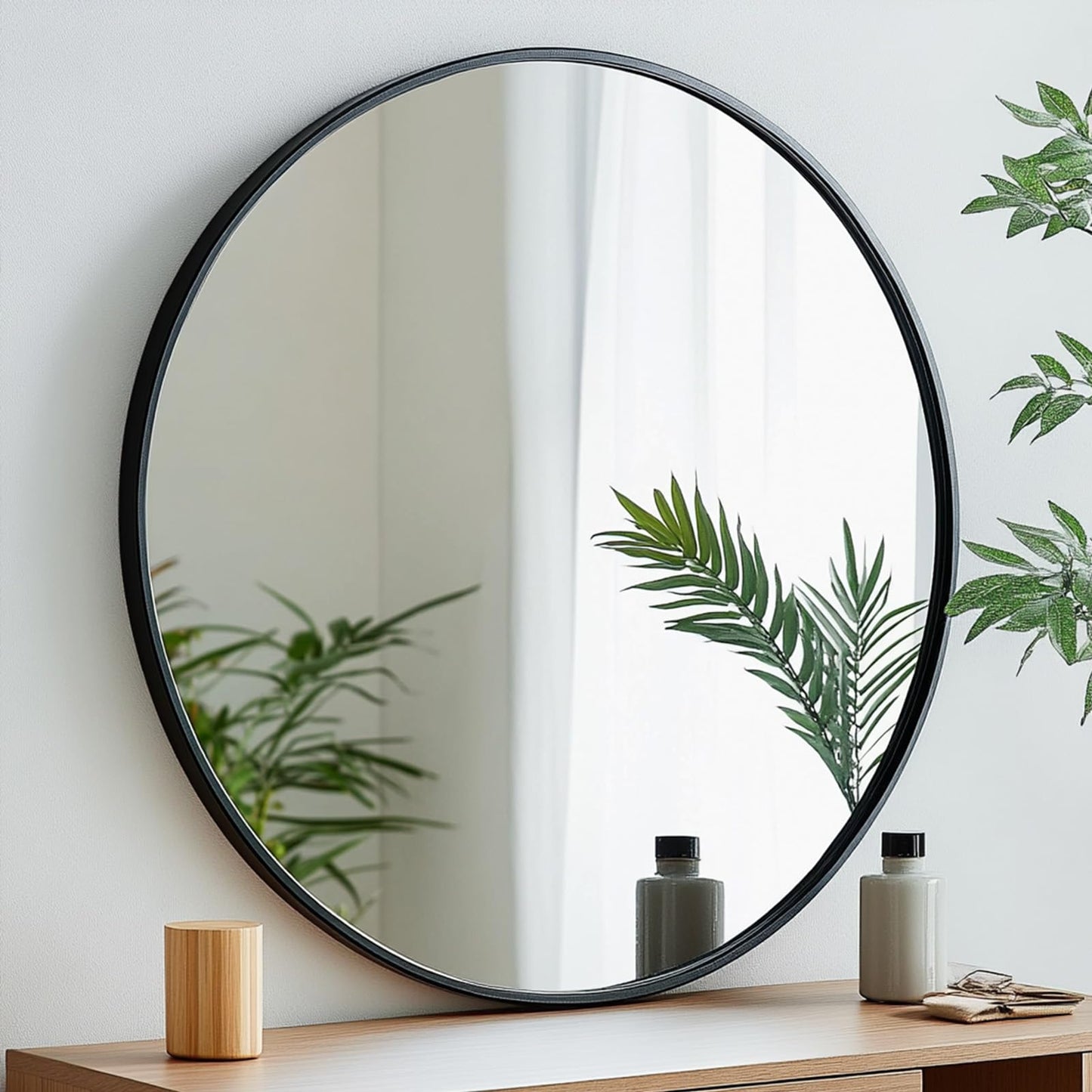 Oruii Round Mirror, Black Round Mirror 24 inch, Circle Wall Mirrors Metal Frame, Circular Mirrors for Wall, Living Room, Bathroom, Vanity, Entryway, Hallway.