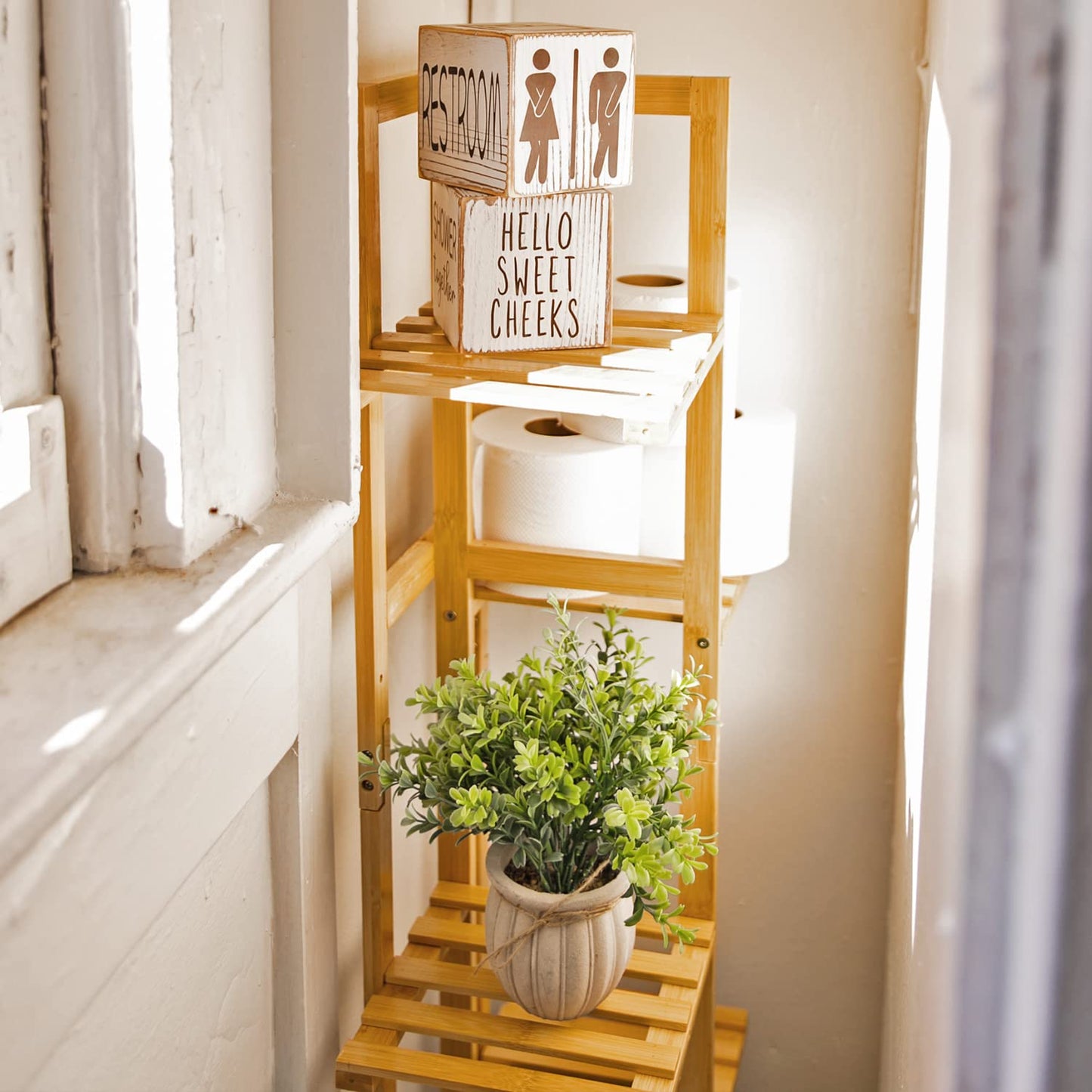 Farmhouse Block Decoration Four-Sided Funny Signs Modern Rustic Decor, Wooden Cute Guest Art Home Decorations Restroom Sign For Bathroom (Block + Plant)