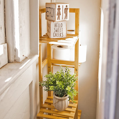 Farmhouse Block Decoration Four-Sided Funny Signs Modern Rustic Decor, Wooden Cute Guest Art Home Decorations Restroom Sign For Bathroom (Block + Plant)