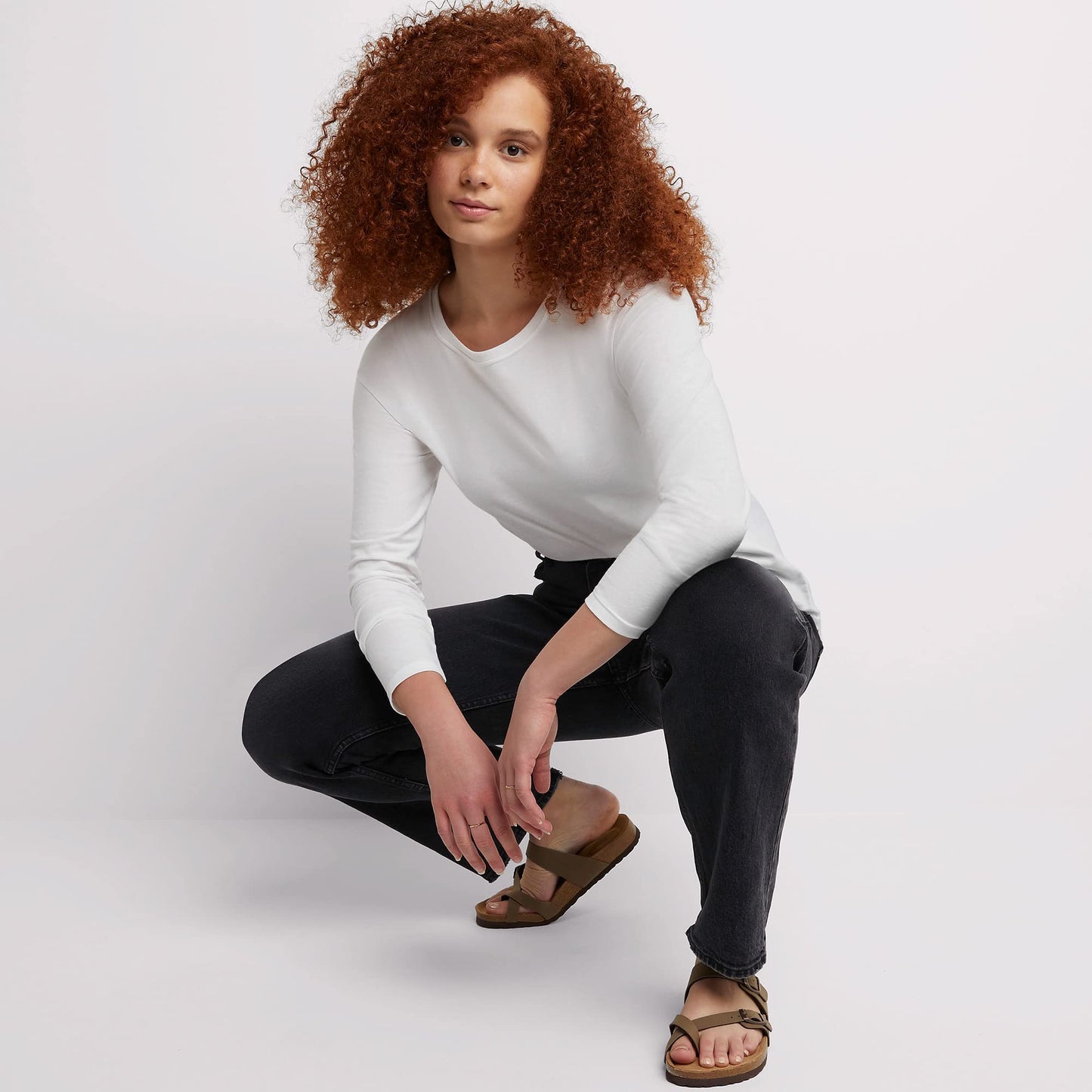 Hanes Long Sleeve Cotton T-Shirt, Lightweight Crewneck Tee for Women, Modern Fit, White, Large