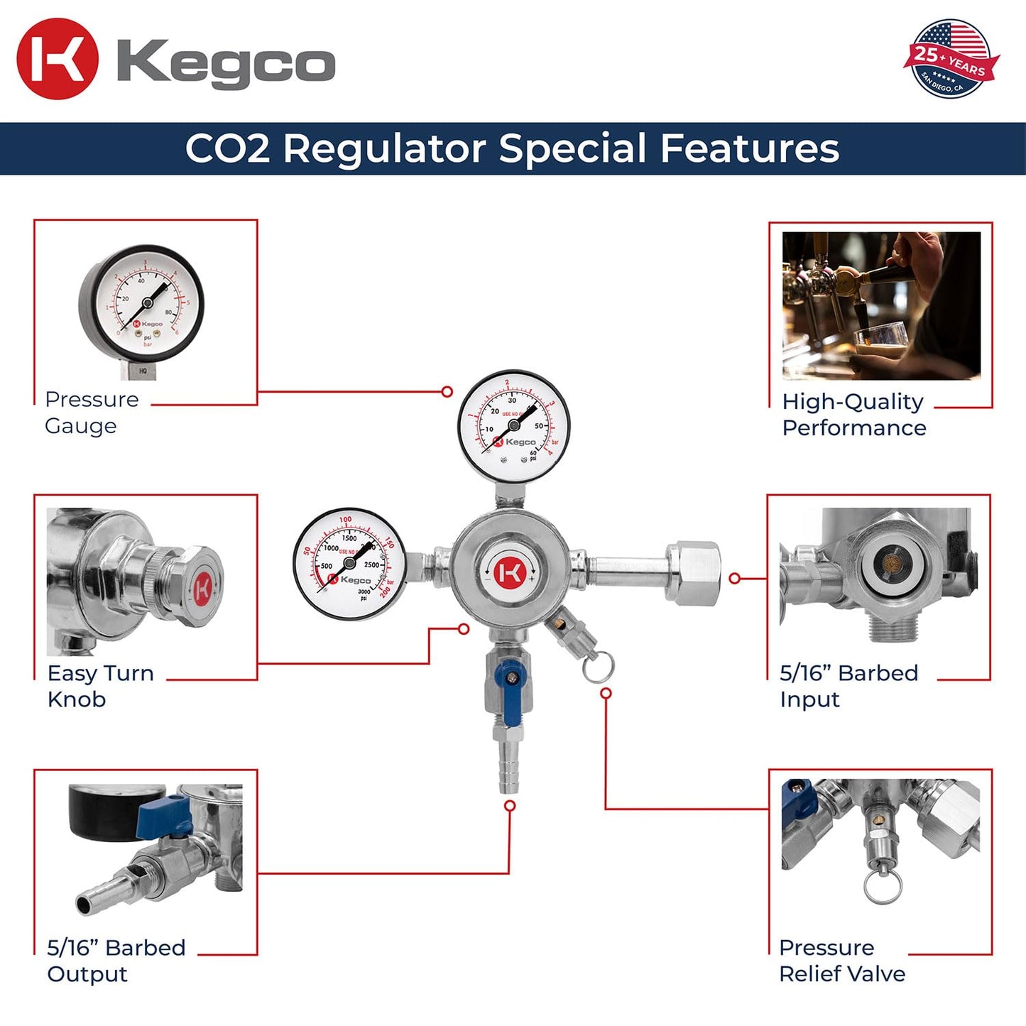 Kegco KC LH-542 Premium Pro Series Dual Gauge Co2 Draft Beer Regulator, Chrome