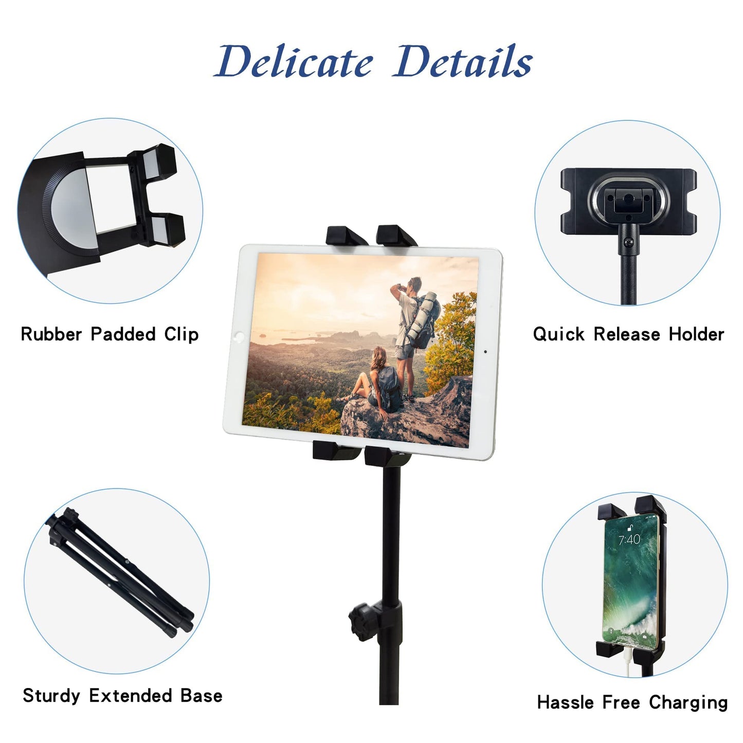 Raking Tablet Floor Stand, Height Adjustable Cellphone Floor Stand with 360°Rotating Tripod Mount, Compatible with iPhone iPad Mini/Air/Pro and All 5.5-12.9 Inch Devices