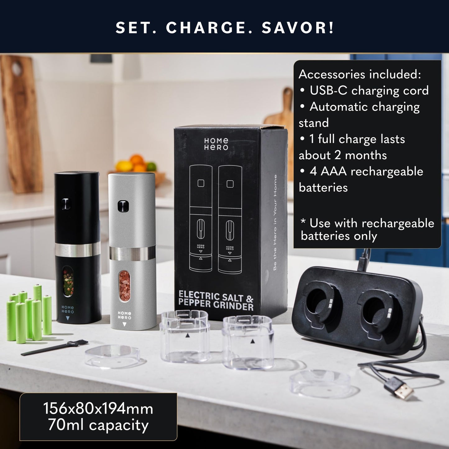 Home Hero Electric Salt and Pepper Grinder Set - Automatic Salt and Pepper Grinder Set Rechargeable. Electronic Salt and Pepper Shakers with LED Light, Electric Pepper & Salt Grinder, Set of 2