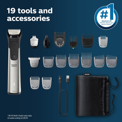 Norelco Philips Multigroom 7000 Series, All-in-One Trimmer, Beard Trimmer and Hair Clipper, 19-Piece Men's Grooming Kit for Beard, Head, Hair, Body, and Face, Soft Pouch, MG7910/49