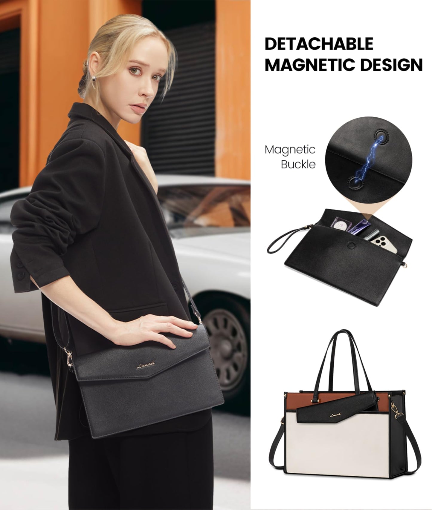 LOVEVOOK Laptop Bag for Women, 15.6'' Laptop Tote Purse 2-in-1 Professional Work Bag Business Briefcase with Clutch Purse, Waterproof Leather Computer Handbag for Teacher Office Travel