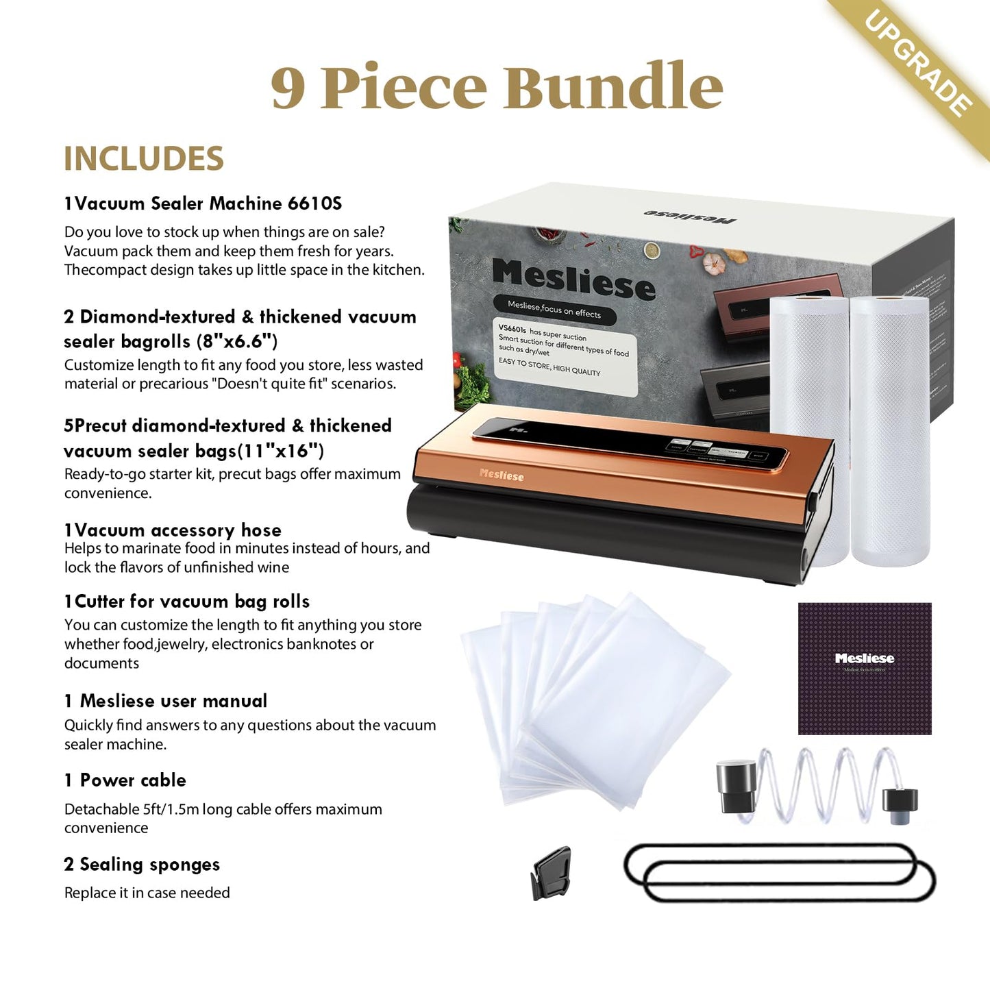 Mesliese Vacuum Sealer Machine Powerful 90Kpa Precision 6-in-1 Compact Vacuum Food Preservation System Built-in Cutter, 2 Bag Rolls & 5 Pre-cut Bags, Dry&Moist Modes Smart Suction, ETL Listed (Copper)