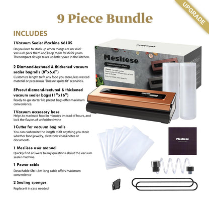 Mesliese Vacuum Sealer Machine Powerful 90Kpa Precision 6-in-1 Compact Vacuum Food Preservation System Built-in Cutter, 2 Bag Rolls & 5 Pre-cut Bags, Dry&Moist Modes Smart Suction, ETL Listed (Copper)