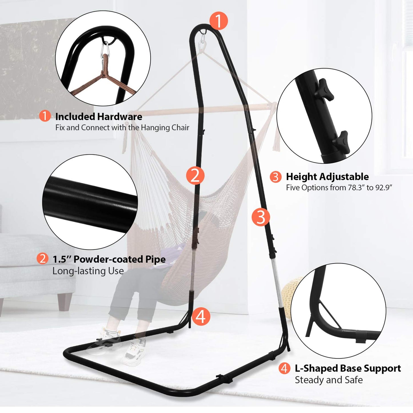 Hammock Chair Stand Only, Adjustable Height 79-93 Inch, 330 Lb Capacity, Heavy Duty Stand for Hammock Chair Solid Steel Structure Hanging Chair Stand with Powder Coated Finish, Indoor/Outdoor