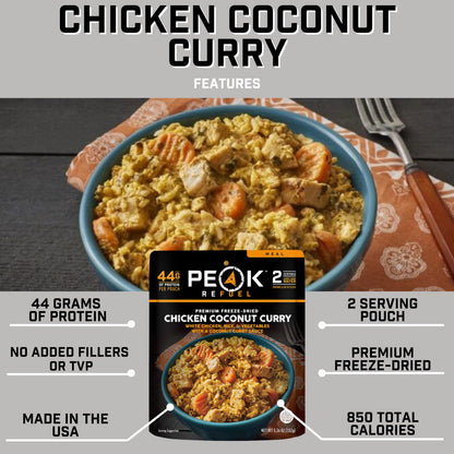 Peak Refuel Chicken Coconut Curry | Freeze Dried Backpacking and Camping Food | Amazing Taste & Quality | High Protein | Real Meat | Quick Prep (2 Serving Pouch)