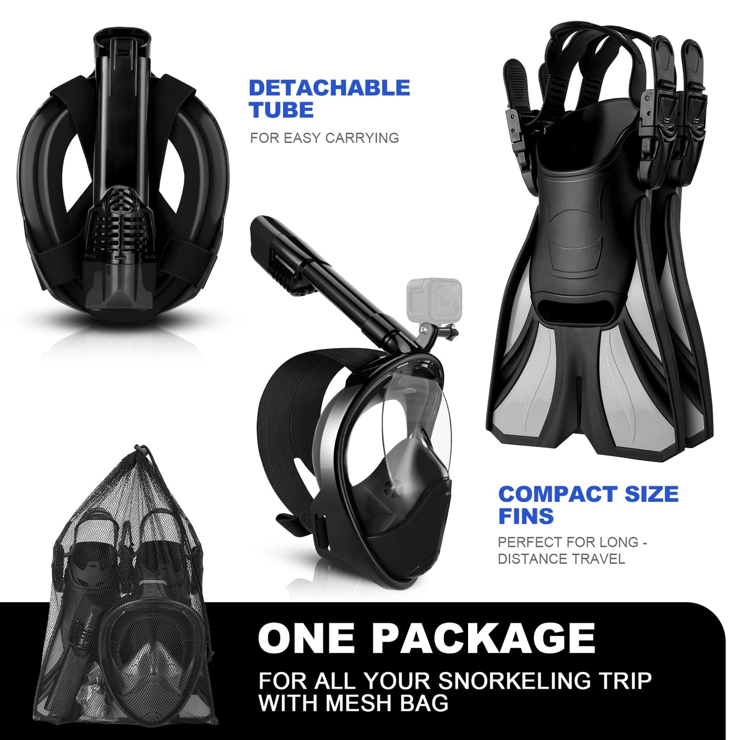 Odoland Snorkeling Packages, Full Face Snorkel Mask for Adults & Youth with Camera Mount, Adjustable Swim Fins, Anti-Fog Anti-Leak Diving Gear for Men Women Teens, Black, S/M