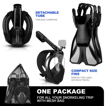 Odoland Snorkeling Packages, Full Face Snorkel Mask for Adults & Youth with Camera Mount, Adjustable Swim Fins, Anti-Fog Anti-Leak Diving Gear for Men Women Teens, Black, S/M