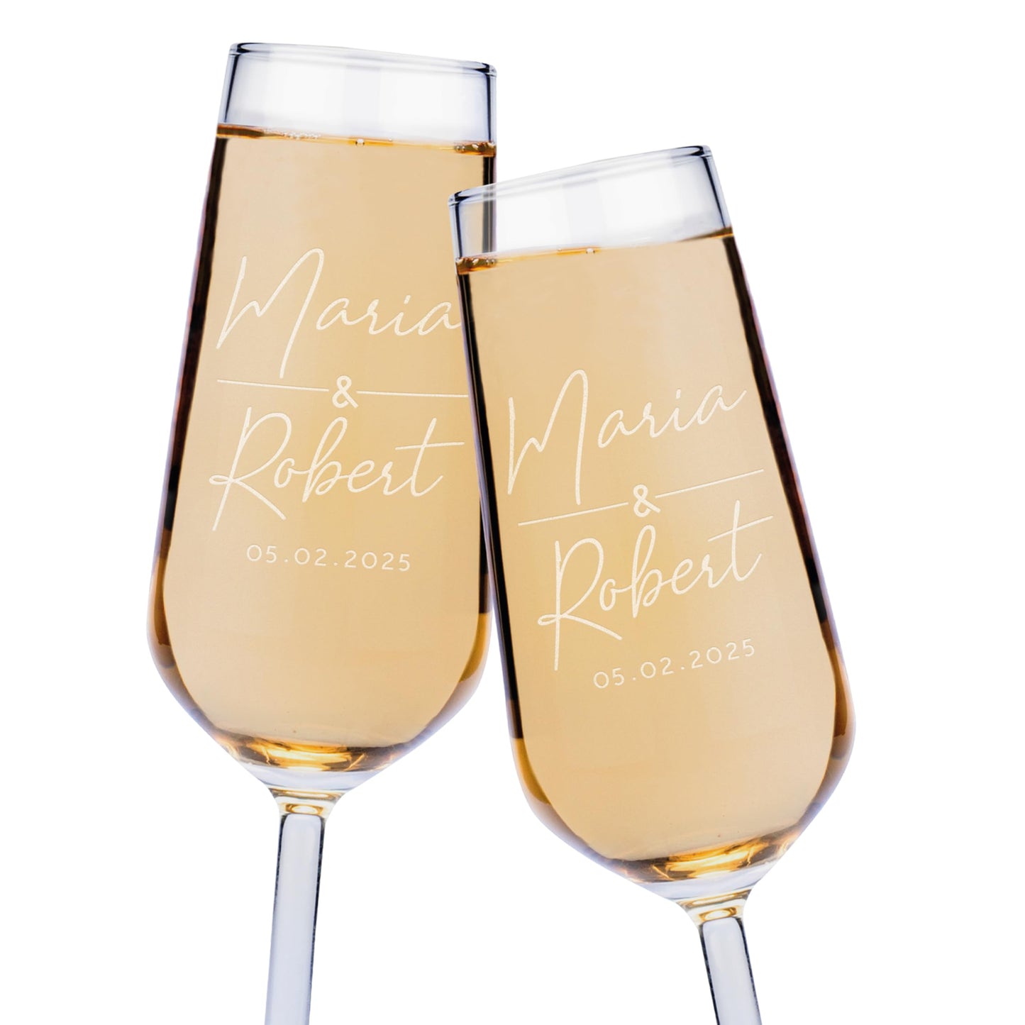 GIFTBYGIFTY Personalized Wedding Champagne Flutes for Bride and Groom - Set of 2, 7 oz, 2 Designs - Champagne Glasses for Engagement with Your Names and Date - D1