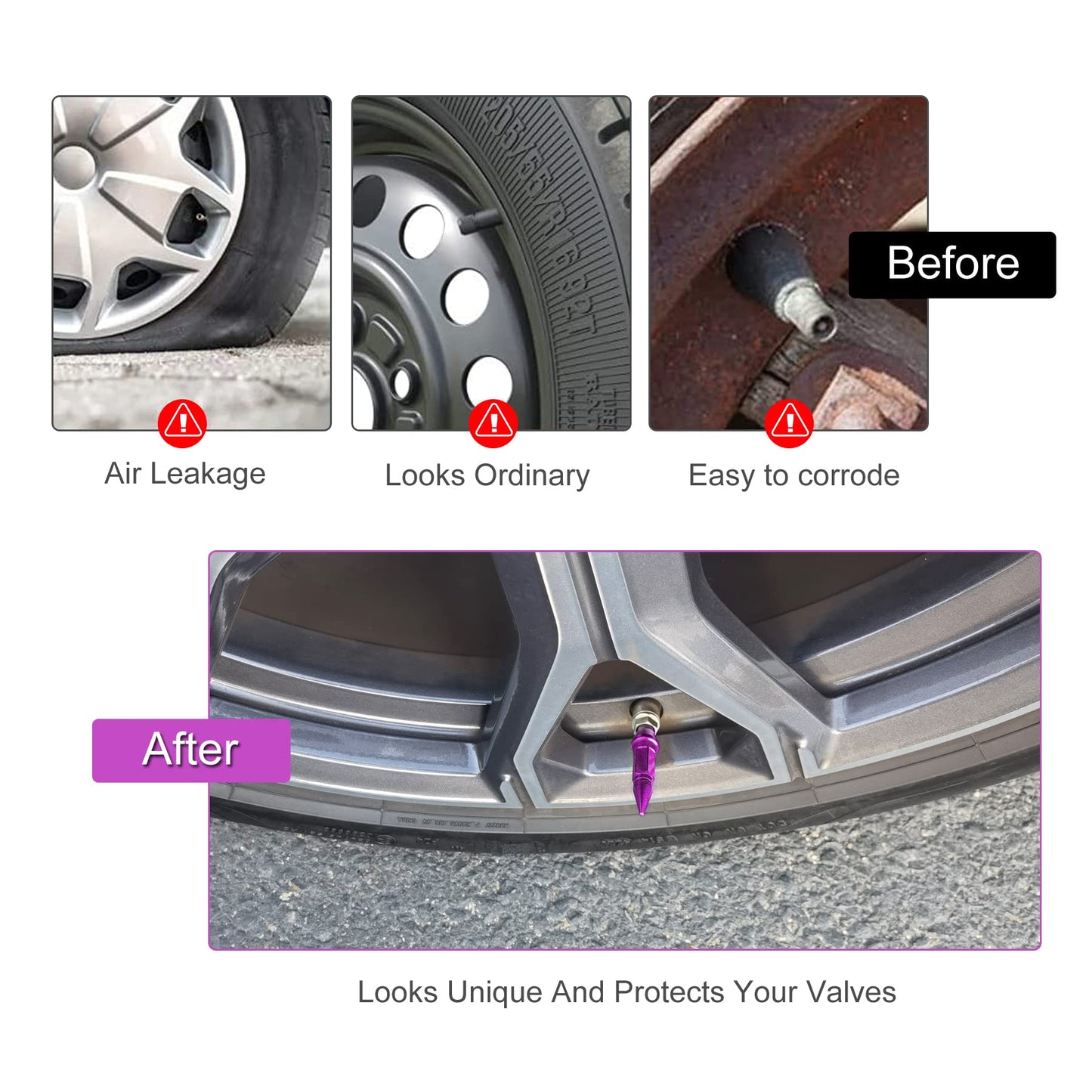 SINGARO 60mm Spiked Valve Caps, Aluminum Alloy Dustproof and Waterproof Tire Valve Stem Caps, Suitable for Cars, Trucks and Motorcycles (4PCS Purple)