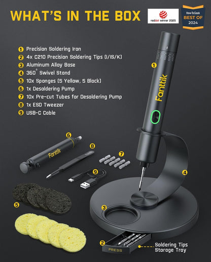 Fanttik T1 Max Soldering Iron Kit, Cordless Soldering Iron, 7 Seconds Fast Heating(390°F-840℉), Auto Sleep, 4 Precision Soldering Tips(C210), 360° Swivel Stand, Soldering Iron for Precision Repair