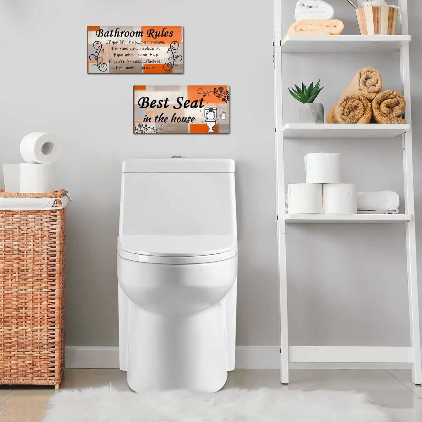 Lnond 2 Pieces Orange and Grey Bathroom Wall Decor, Abstract Wooden Hanging Bathroom Rules Wall Art, Farmhouse Toilet Rustic Bathroom Signs Decor Sets (12x 6 Inch)