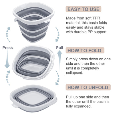 Goderewild Collapsible Bucket, 2.6 Gallon (10L) - Square Foldable Mop Bucket for House Cleaning, Car Washing, Camping - Portable Water Pail for Outdoor, RV, Travel (Grey)