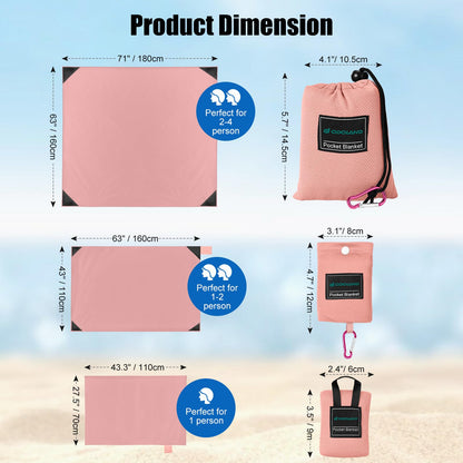 Odoland Beach Picnic Blanket, 43.3" x 27.5" SandProof Waterproof Outdoor Pocket Blanket with Portable Bag, Foldable Lightweight Sand Free Beach Mat for 1 People Hiking, Camping, Travel, Pink