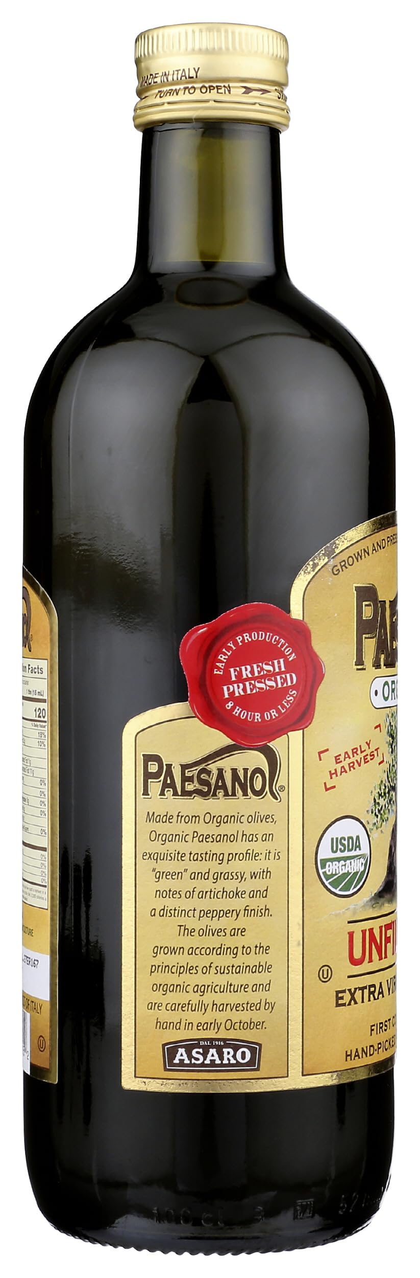 Paesanol ORGANIC UNFILTERED Extra Virgin Olive Oil 33.8 Fl Oz Glass