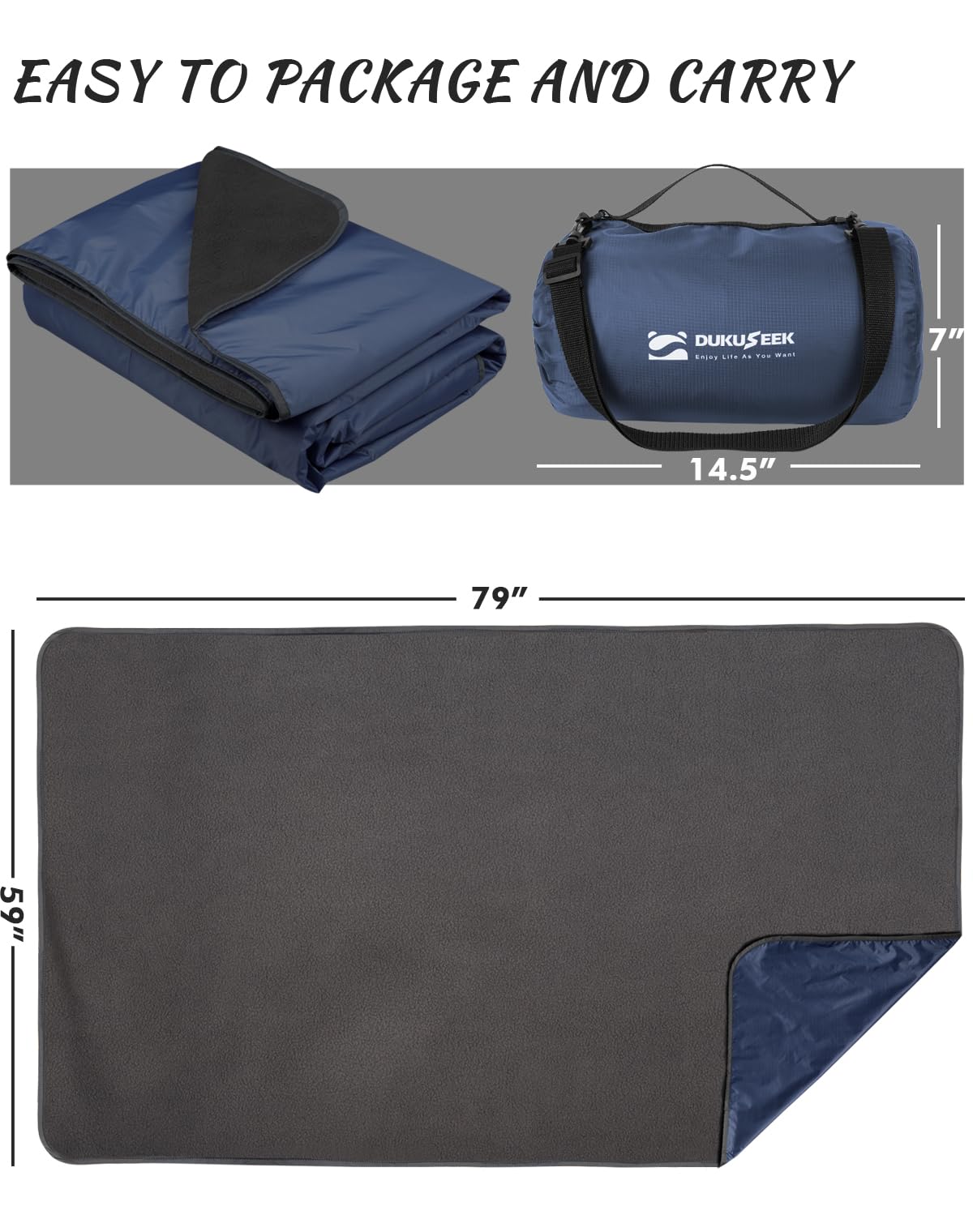 DUKUSEEK Large Waterproof Stadium Blanket for Cold Weather, Soft Warm Fleece Camping Blanket Windproof for Outdoor Sporting Events, Football Games,Navy Blue