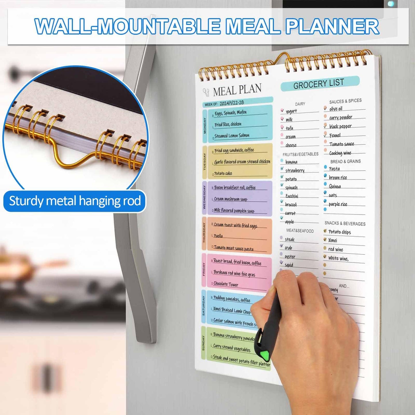 Joyberg Meal Planner Notebook 8.5x11”, 50 Sheets Magnetic, Double Helix Meal & Grocery List, Wall-Mountable Menu Planner for Daily & Weekly Plan