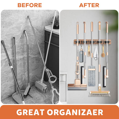 IMILLET Broom Holder Wall Mount, Rustic Wood Broom Hanger with 5 Racks and 4 Hooks, Laundry Room Organization and Storage, Mop Holder for Home Decor, Garden, Garage, Kitchen, Closet