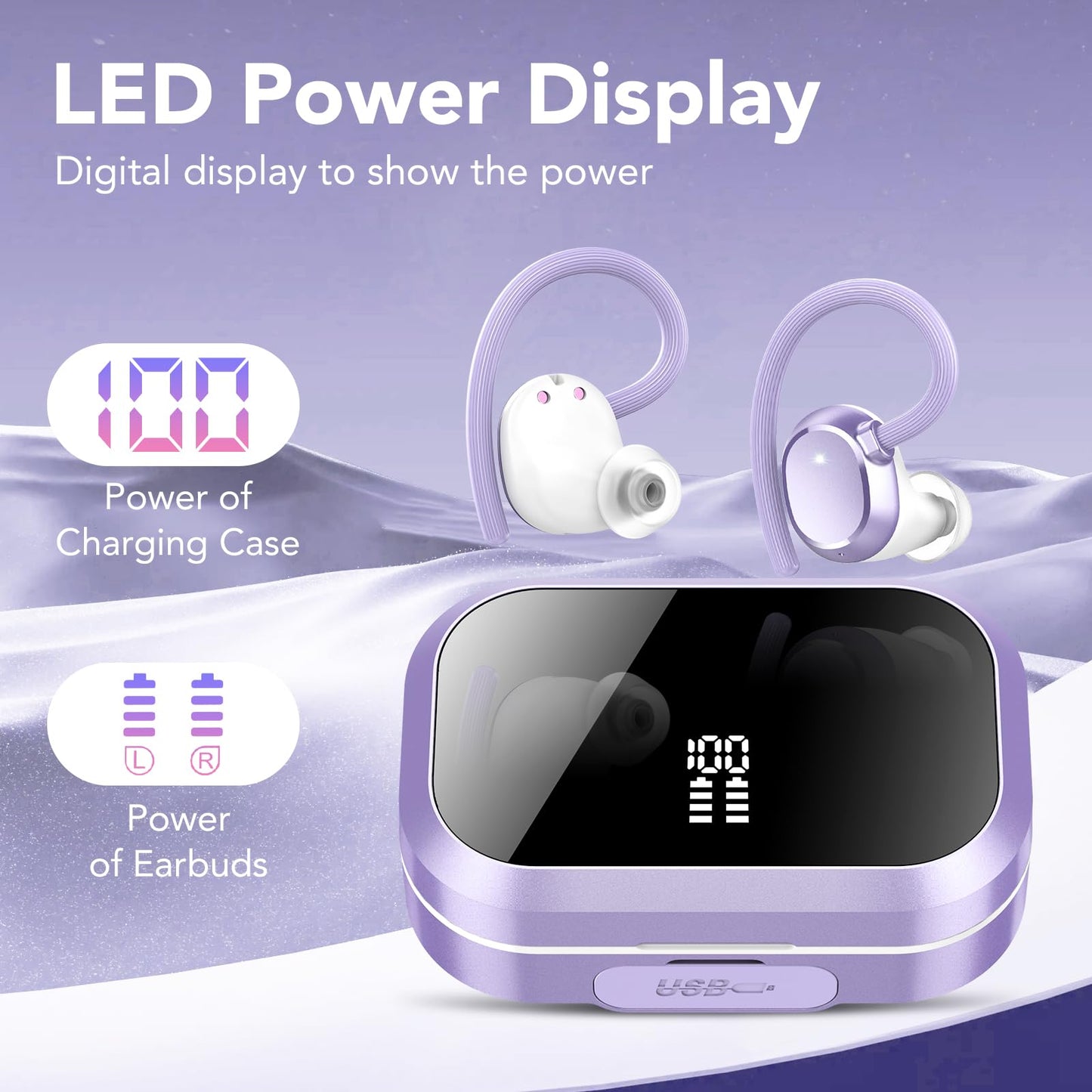 KT1 Wireless Earbuds V5.3 Bluetooth Earbuds 120Hrs Playtime, 4.7g Mini Size Painless Wear, IPX7 Waterproof, Deep Bass 2.0, Over-Ear Ear Buds Wireless Bluetooth Headphones for Sport Running(Purple)