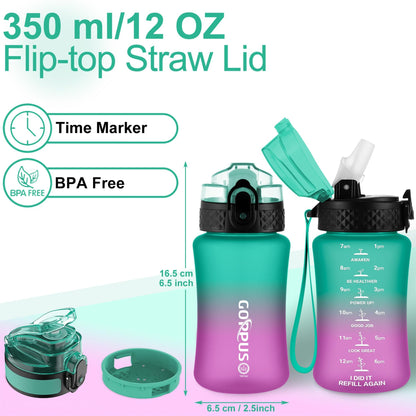 GOPPUS Kids Water Bottle with Straw Spout Lid 10pcs Stickers 12 oz Leak-proof BPA Free Motivational Time Marker Tritan Plastic Water Bottles for Girls Boys School Sports