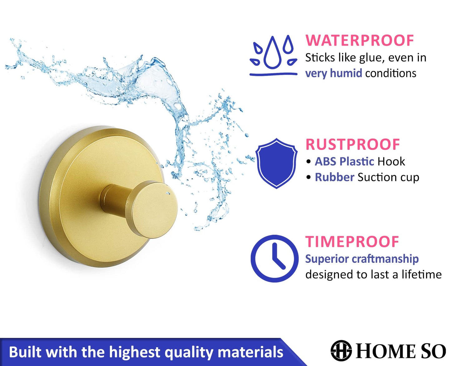 HOME SO Suction Cup Hooks for Shower, Bathroom, Kitchen, Glass Door, Mirror, Tile – Loofah, Towel, Coat, Bath Robe Hook Holder for Hanging up to 15 lbs – Waterproof, Matte Brushed Satin Gold (2-Pack)