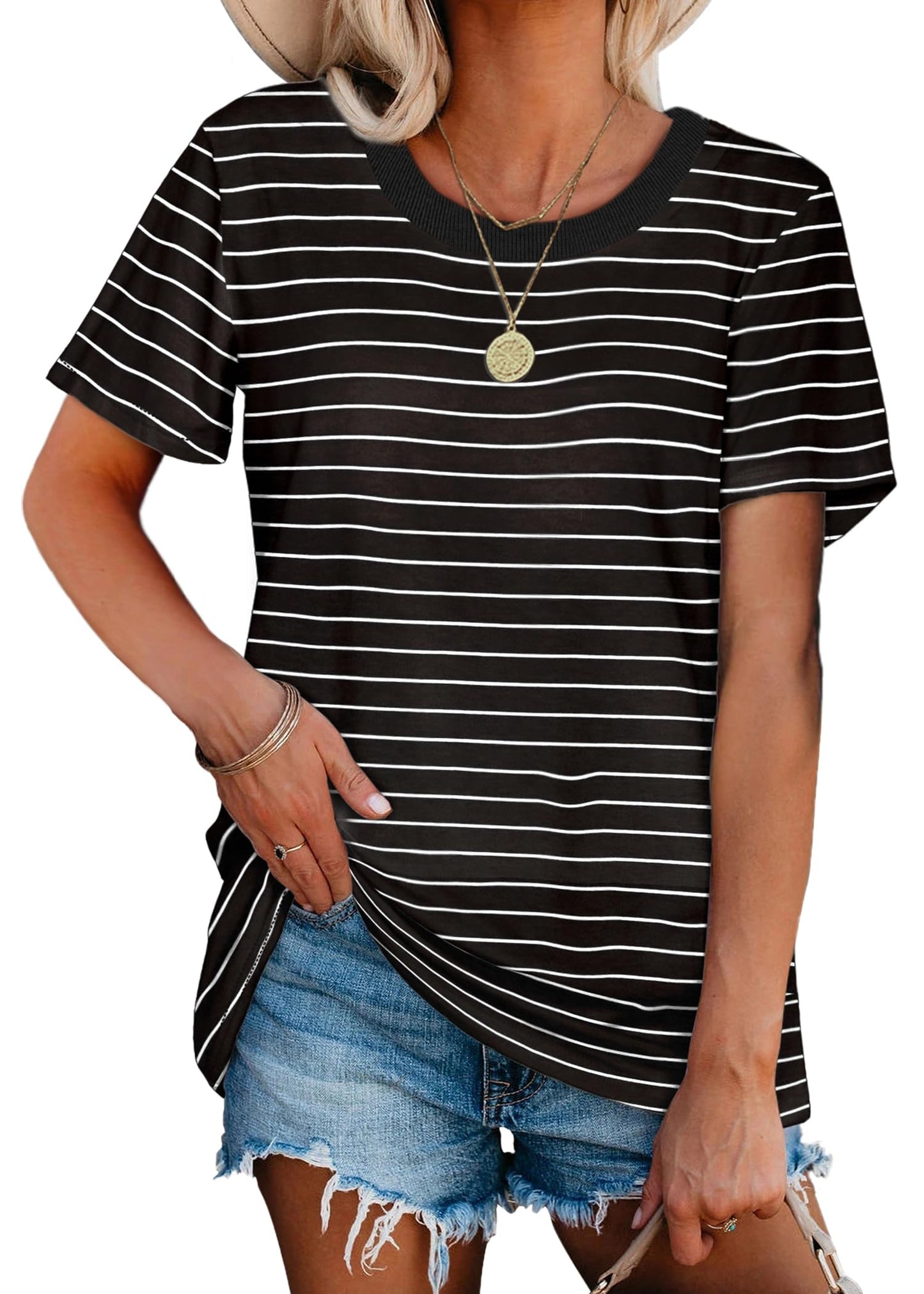 Jescakoo Tshirts for Womens Casual Summer Round Neck Striped Tops Black L