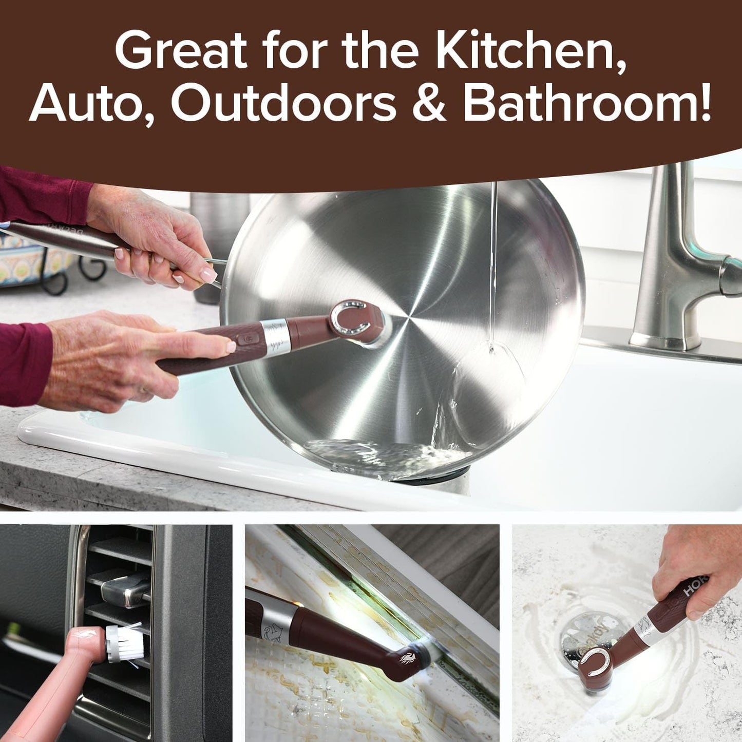 Horsepower Pocket Pony, AS-SEEN-ON-TV, Waterproof, Cordless, Pocket-Sized, Oscillating Power Scrubber, Deep Clean, Tight Spaces, Rechargeable, Grout Lines, Corners & Detailing, 5 Brush Heads & LED