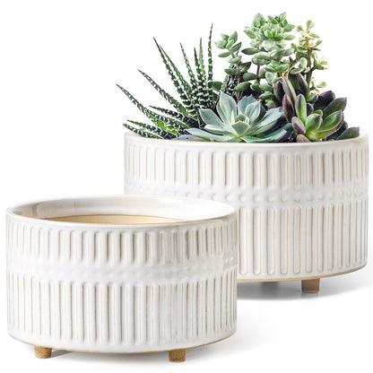 LE TAUCI Succulent Planters, 6.5+8 Inch Ceramic Indoor Plant Pot with Drainage Hole, Shallow Round Succulent Pots, Set of 2, Reactive Glaze White