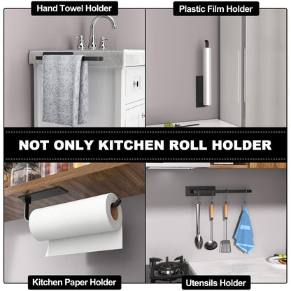 Paper Towel Holder - Self-Adhesive or Drilling, Matte Black, Upgraded Aluminum Kitchen Roll Dispenser Under Cabinet, Lighter but Stronger Than Stainless Steel!