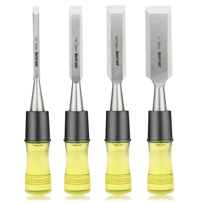 HURRICANE 4 Piece Wood Chisel Set for Woodworking. CR-V Steel Beveled Edge Blades with Safety Caps. Durable PVC High Impact Handle, for Precision Carving & DIY Projects (1/4", 1/2", 3/4", 1")