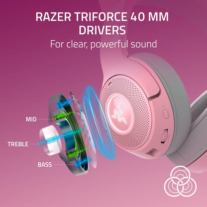 Razer Kraken Kitty V2 BT Wireless RGB Headset: Chroma RGB Kitty Ears & Earcups - Bluetooth 5.2-40 mm Drivers - Noise-Cancelling Mics - Lightweight - 40 Hr Battery w/Type C Charging - Quartz Pink
