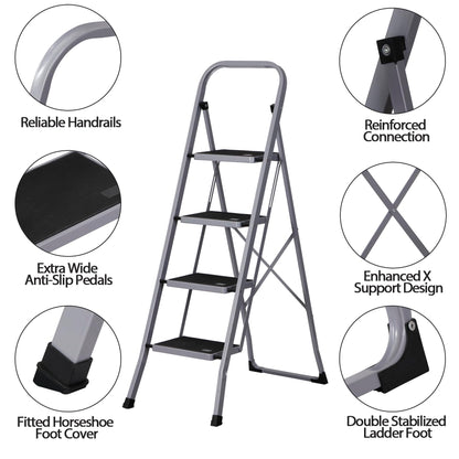 JungleA Step Ladder, Folding 4 Step Stool Ladder for Adult, w/Wide Anti-Slip Pedal, 330 lbs Load Capacity, Foldable Portable Sturdy Lightweight Tall Ladder for Closet, Kitchen, Office & Home, Grey