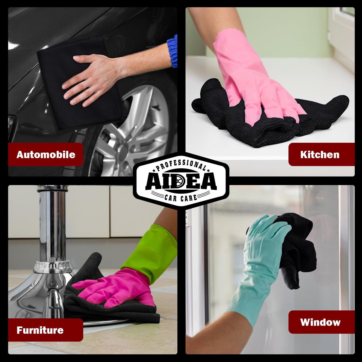AIDEA Microfiber Cleaning Cloth Black 150PK, Microfiber Towels for Cars, Premium Car Cloths, Dusting Cloth Lint Free Cleaning Rags for SUVs, House, Kitchen, Window, Workshops,12×12"