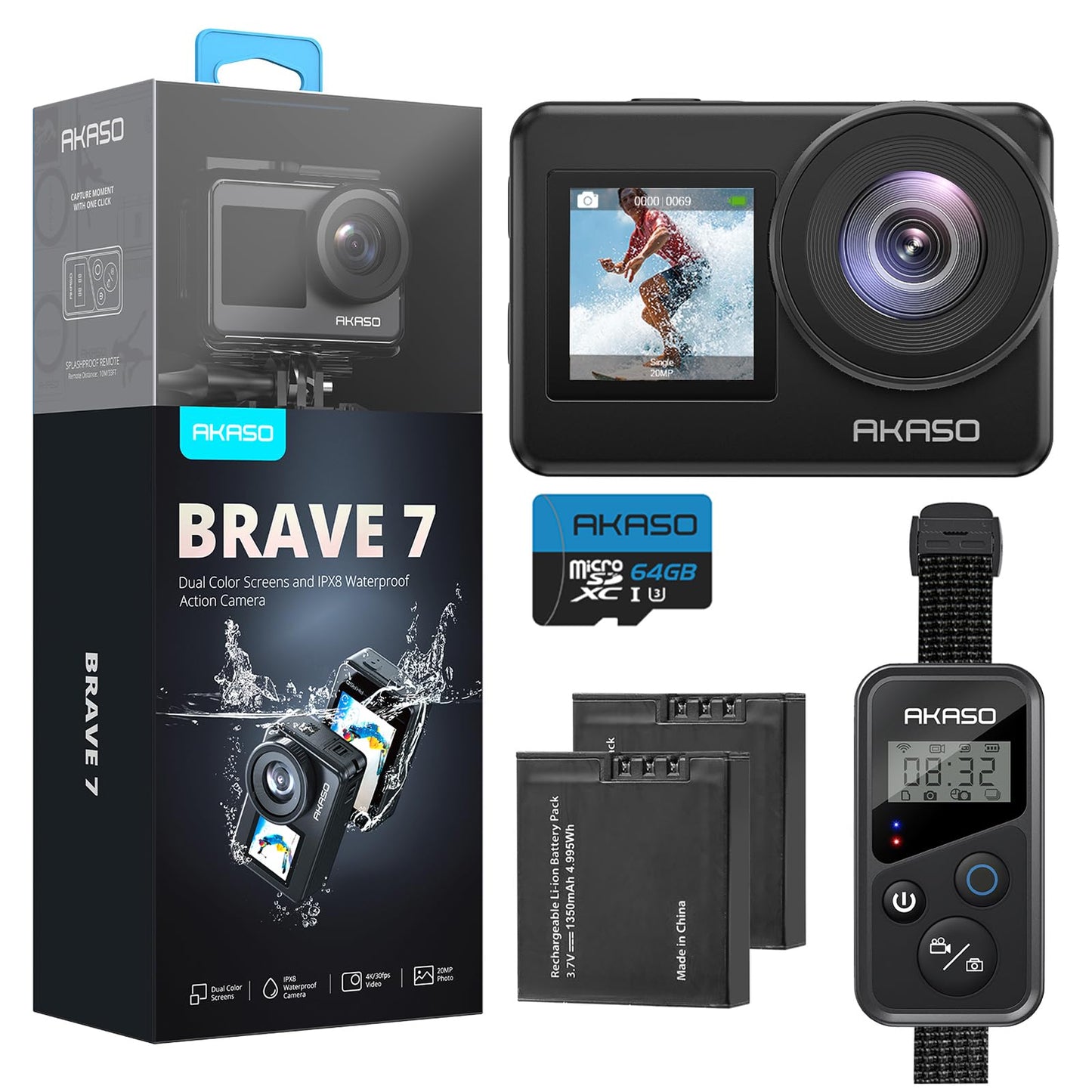AKASO Brave 7 Action Camera 4K30FPS 20MP with 64GB U3 MicroSDXC Memory Card, Waterproof Camera with Touch Screen IPX8 33FT EIS 2.0 Zoom Support External Mic Voice Control with 2X 1350mAh Batteries