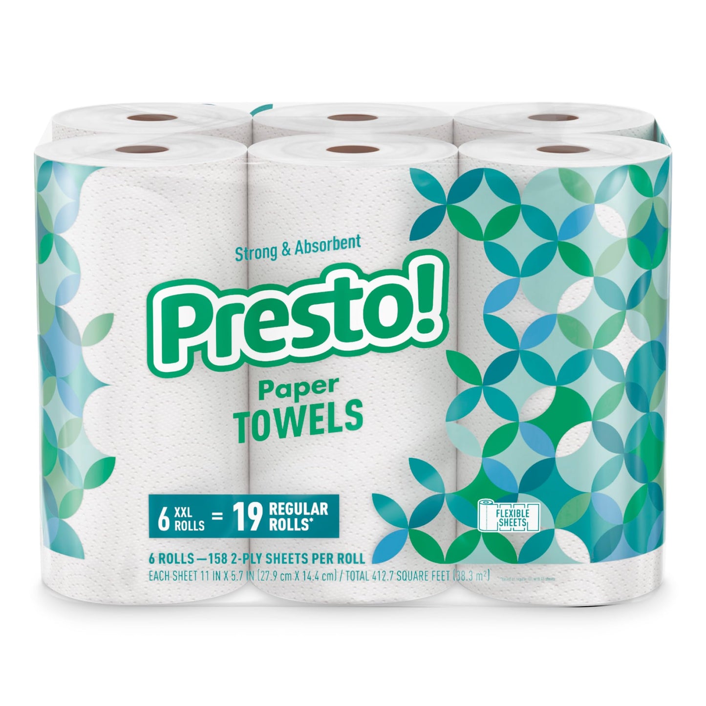 Amazon Brand - Presto! Flex-a-Size Paper Towels, 158 Sheet Huge Roll, 12 Rolls (2 Packs of 6), Equivalent to 38 Regular Rolls, White