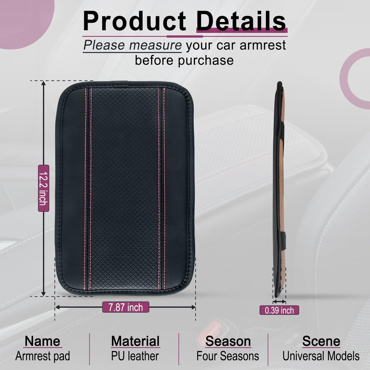 Amiss Car Center Console Pad, Universal Waterproof Car Armrest Seat Box Cover, PU Leather Auto Armrest Cover Protector，Vehicle Interior Accessories fits SUV/Truck/Car (Black-Pink)