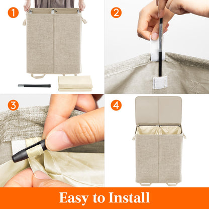 Lifewit Double Laundry Hamper with Lid and Removable Laundry Bags, Large Collapsible 2 Dividers Dirty Clothes Basket with Handles for Bedroom, Laundry Room, Closet, Bathroom, College, 136L Beige